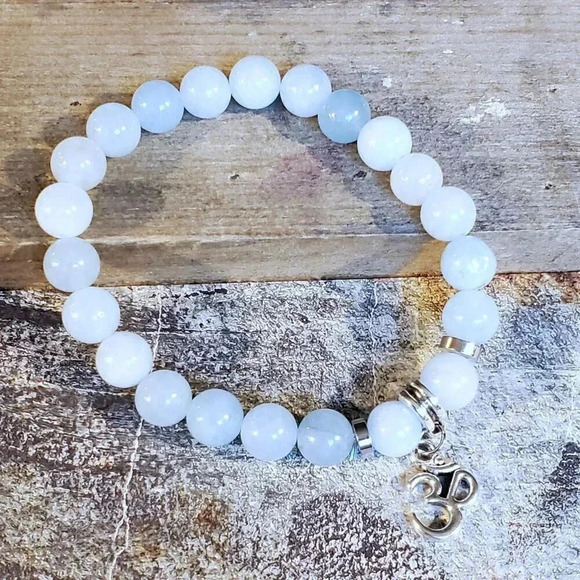 Om Aum Zen Mantra Mindfulness Light Blue Agate Gemstone Stretch Bracelet - Picture 7 of 8